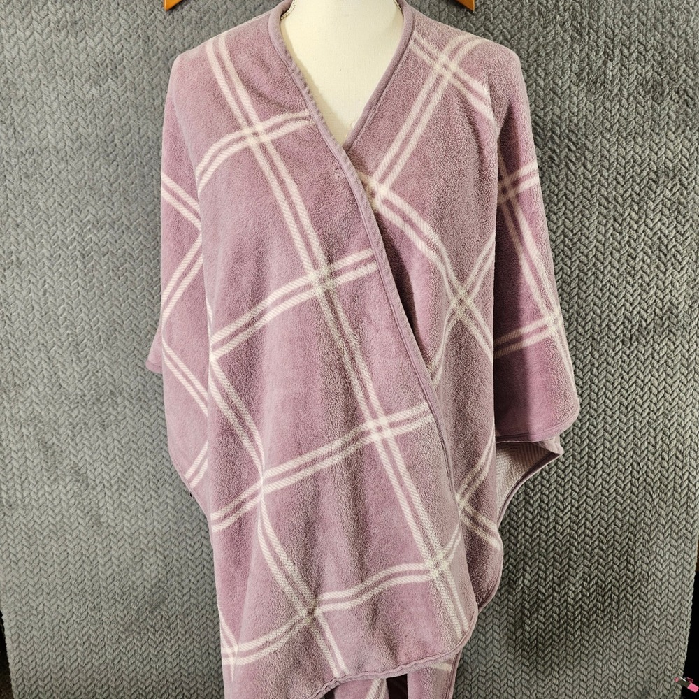 Cuddl Duds Mauve Plaid Fleece Wrap Poncho Oversized L/XL Open Front Side Buttons